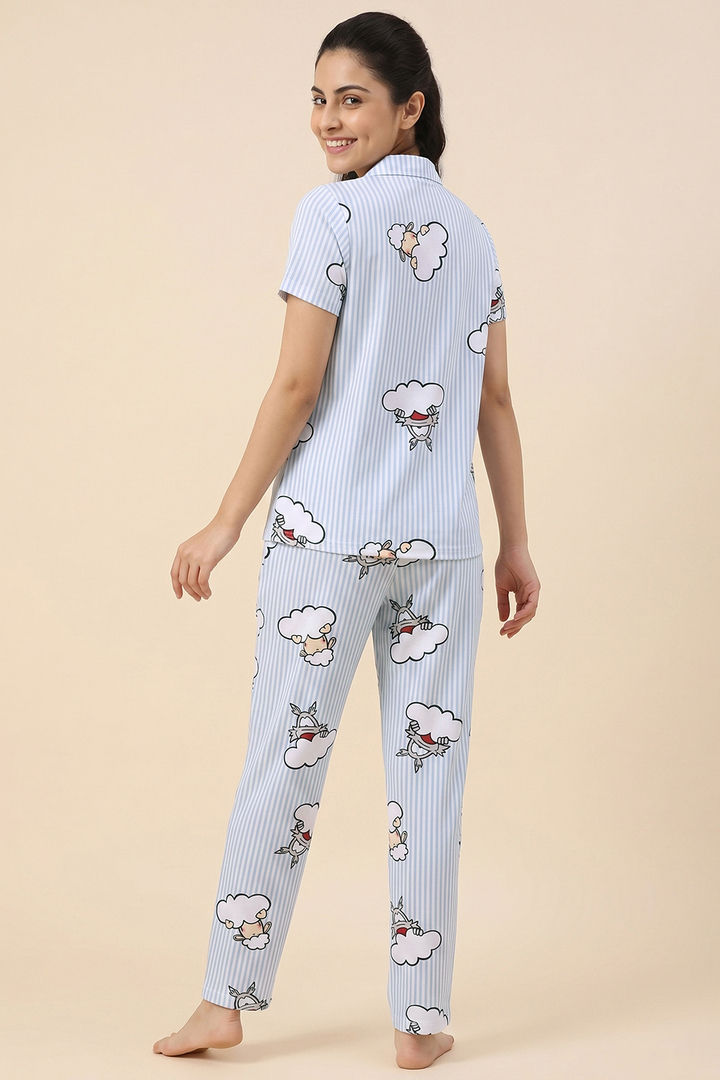 Zivame Farm Lore Knit Cotton Pyjama Set - Chambray Blue — image 4